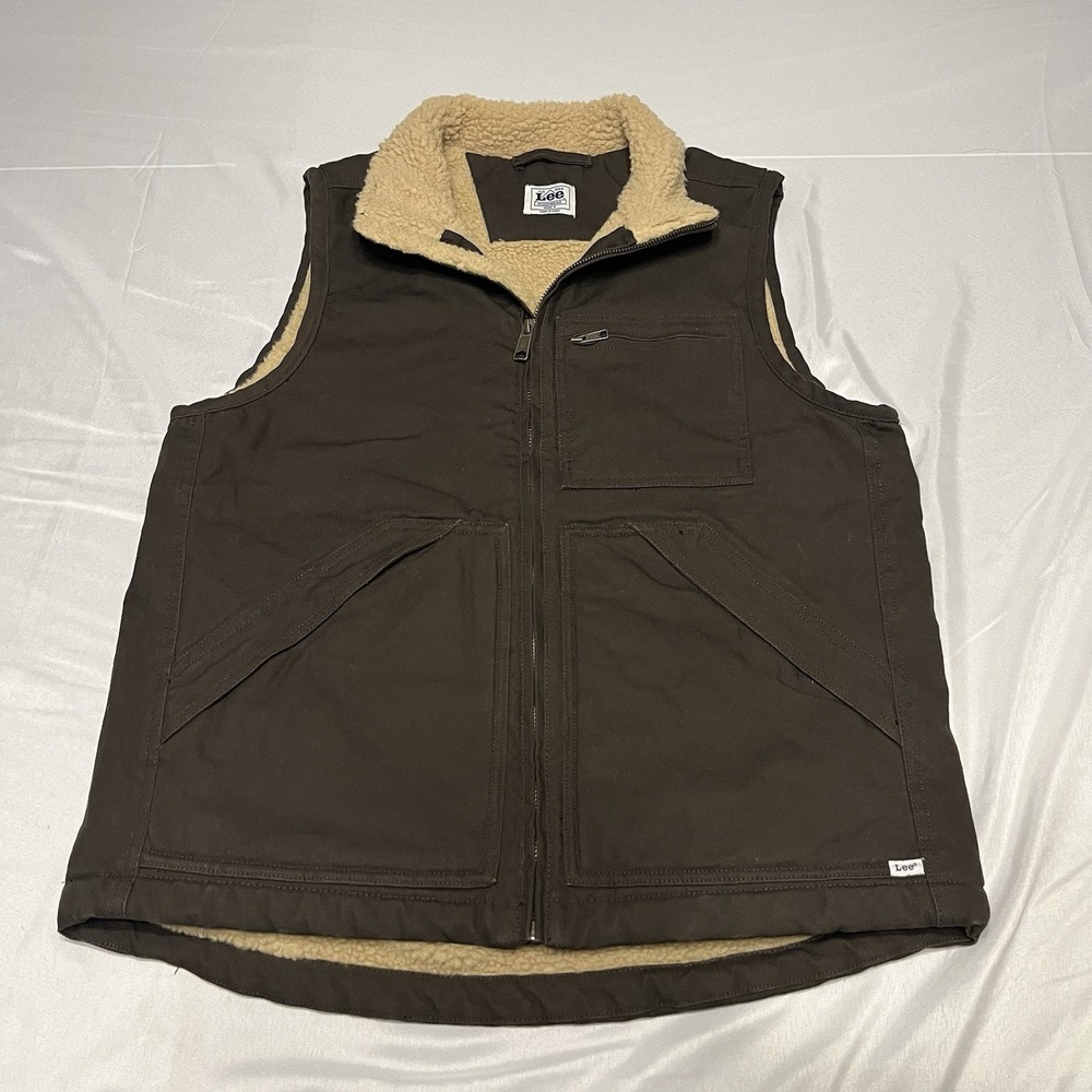 Lee Vest Mens Small Brown Canvas Sherpa Lined Full Zip Outdoor Workwear